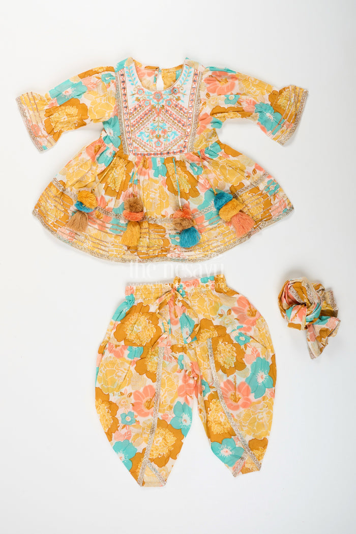 The Nesavu Girls Sharara / Plazo Set Baby girl floral sharara set for birthday parties and festive gatherings Nesavu Nesavu floral sharara set baby girls yellow cotton digital print  ideal birthdays