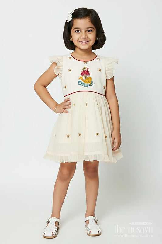 The Nesavu Girls Chanderi Frock Baby Girl Frock for Naming Ceremony and Festive Functions Nesavu 16 (1Y) / Cream GFC2008A-16 Nesavu baby girl chanderi frock thread embroidery naming ceremonies festive wear