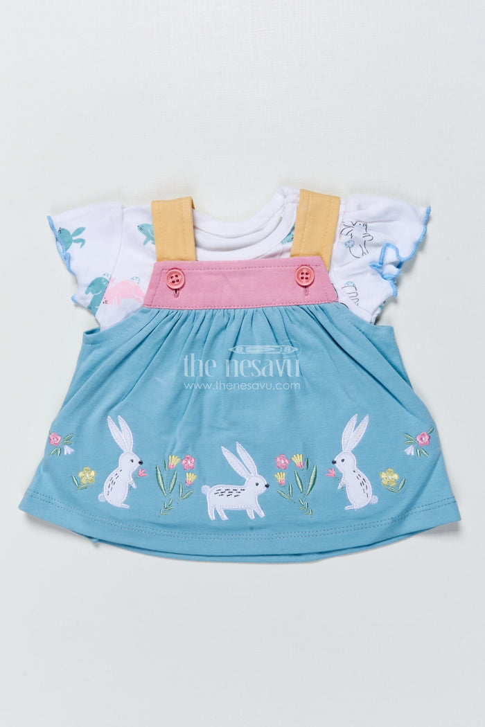 The Nesavu Baby Frocks Baby Girl Frock with Bunny Embroidery for Playdates and Casual Moments Nesavu 10 (NB) / Blue BFJ877A-10 Nesavu baby girl frock bunny embroidery printed tee  ideal playdates everyday comfort