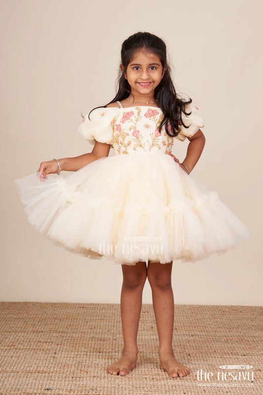 The Nesavu Girls Fancy Party Frock Baby Girl Frock with Embroidered Satin Bodice for Birthdays and Milestone Photos Nesavu 16 (1Y) / Yellow PF250A-16 Nesavu baby girl embroidered satin party frock net flare  ideal birthdays celebrations