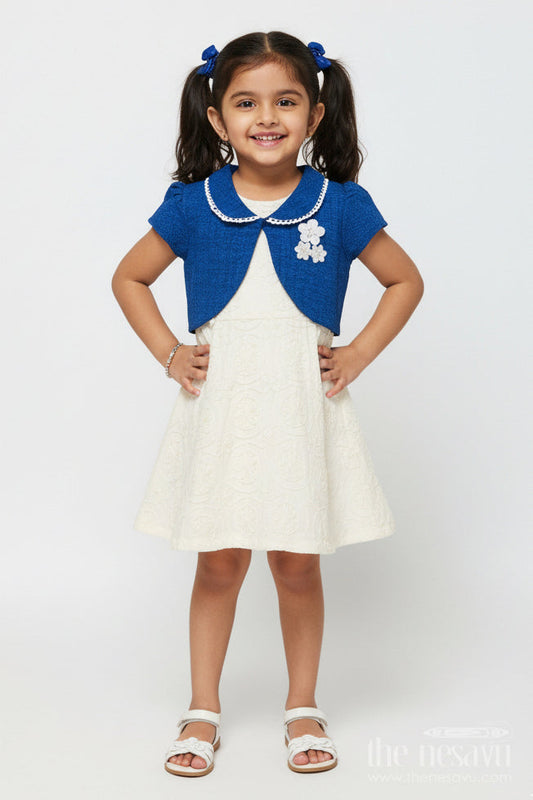 The Nesavu Girls Cotton Frock Baby Girl Frock with Jacket for Birthday and Casual Outings Nesavu 20 (3Y) / Blue GFC1832A-20 Nesavu baby girl frock floral jacket embroidery birthdays casual wear