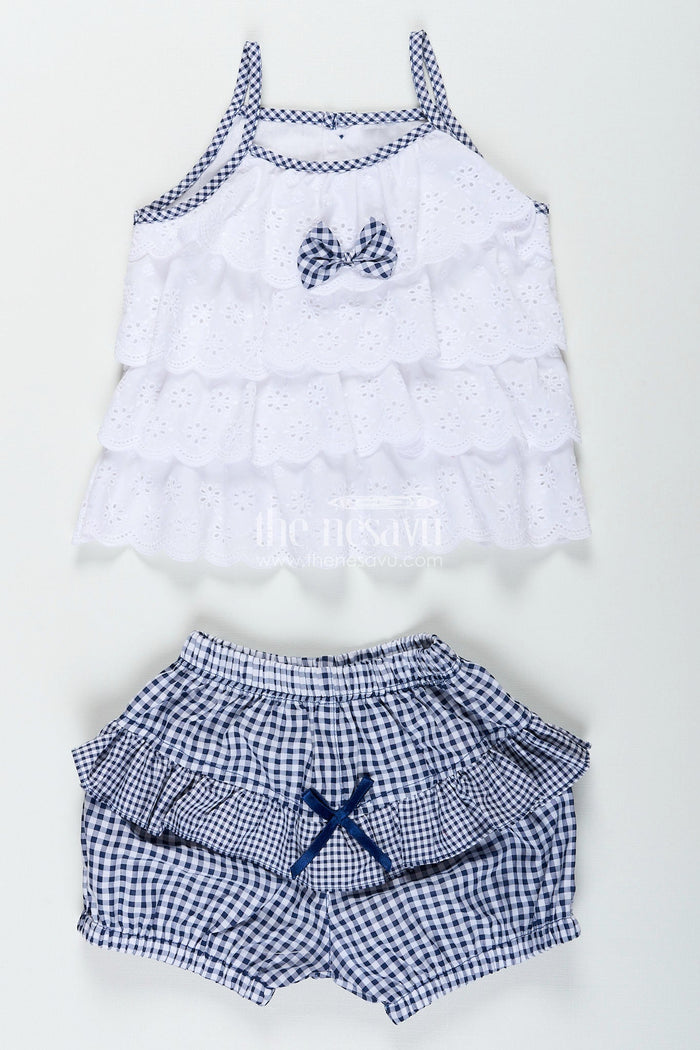 The Nesavu Baby Frocks Baby girl frock with navy gingham shorts and bow detailing Nesavu 14 (6M) / White BFJ849A-14 Nesavu white hakoba baby frock with navy checked bloomers