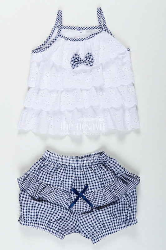 The Nesavu Baby Frocks Baby girl frock with navy gingham shorts and bow detailing Nesavu 14 (6M) / White BFJ849A-14 Nesavu white hakoba baby frock with navy checked bloomers