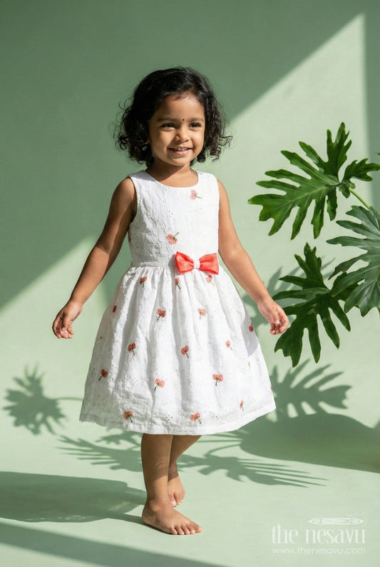 The Nesavu Girls Fancy Frock Baby Girl Georgette Frock with Cherry Embroidery and Peach Bow for Festive Occasions Nesavu 20 (3Y) / Pink GFC1930B-20 Nesavu baby girl georgette frock cherry embroidery peach waist bow birthdays