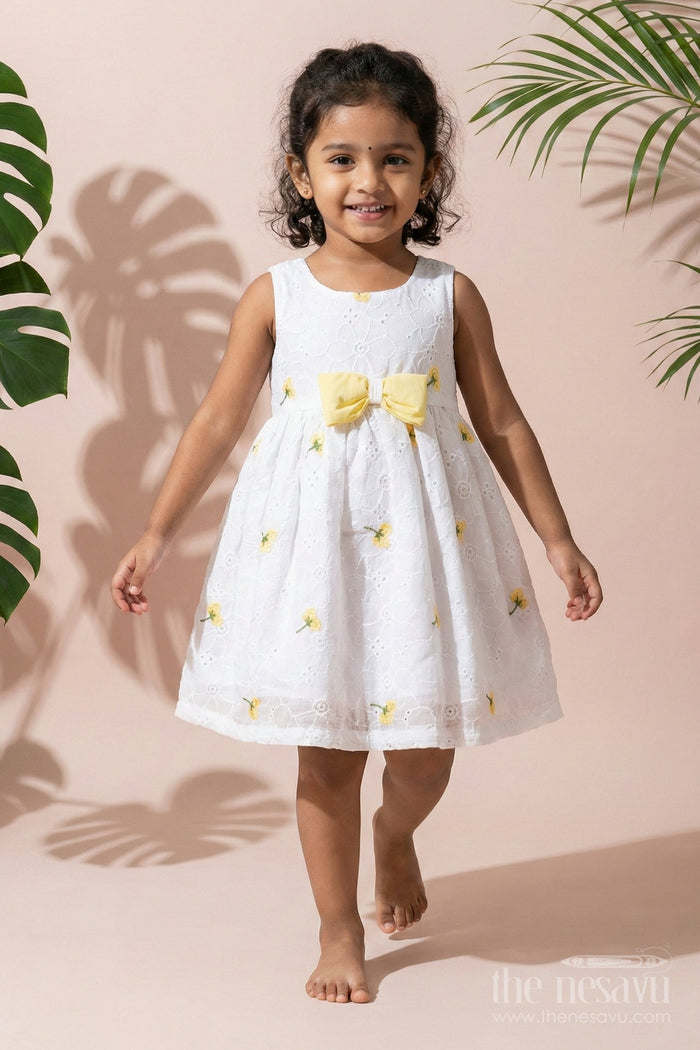 The Nesavu Girls Fancy Frock Baby Girl Georgette Frock with Cherry Embroidery and Yellow Bow for Parties Nesavu Nesavu baby girl georgette frock cherry embroidery yellow waist bow celebrations