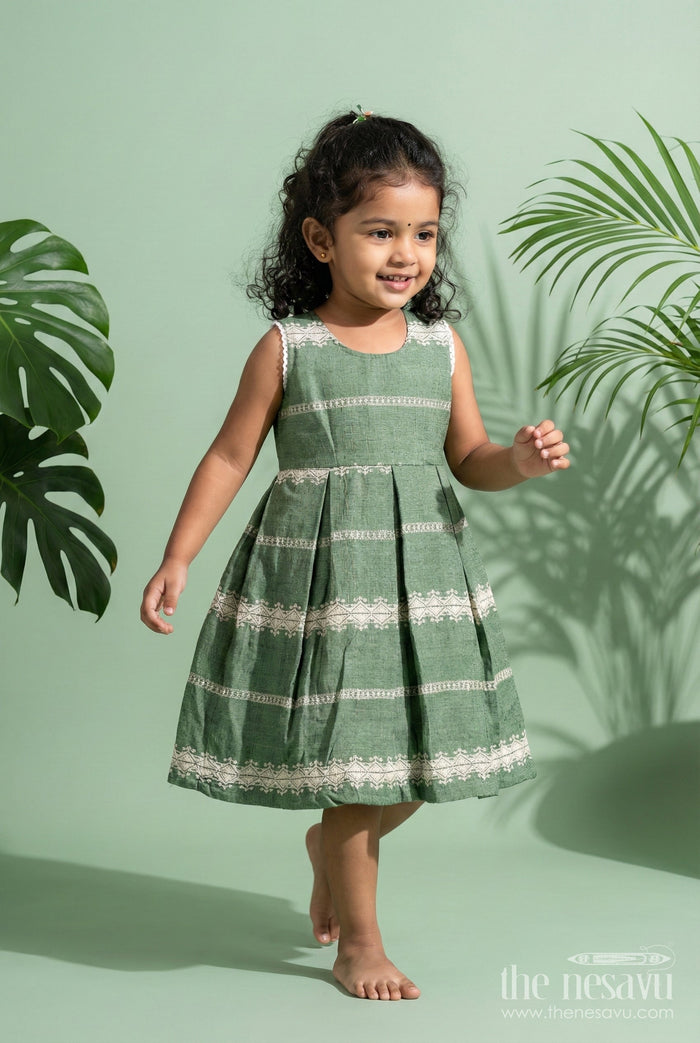 The Nesavu Girls Fancy Frock Baby Girl Green Cotton Blend Frock with White Thread Embroidery for Celebrations Nesavu 20 (3Y) / Green GFC1932A-20 Nesavu baby girl green cotton blend frock white thread embroidery festive wear