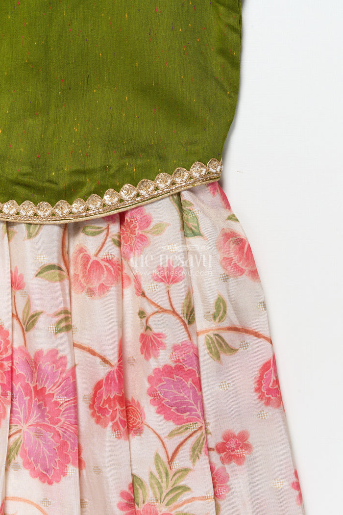 The Nesavu Pattu Pavadai Baby Girl Green Pattu Pavadai with Lace Detailing and Floral Print Skirt Nesavu Nesavu baby girl pattu pavadai green floral print skirt festivals poojas