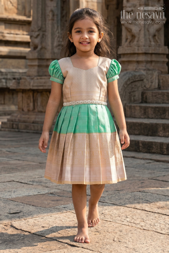 The Nesavu Girls Kanchi Silk Frock Baby Girl Kanchipuram Silk Frock for Festive and Traditional Celebrations Nesavu Nesavu baby girl kanchipuram silk frock in green and gold for weddings and festive wear