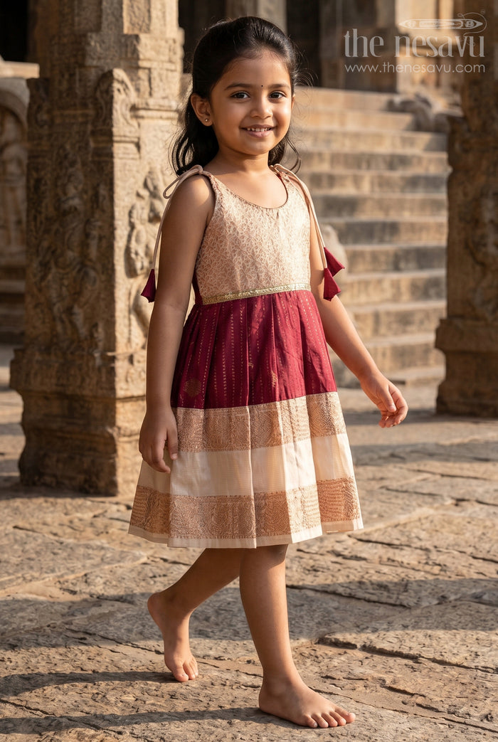 The Nesavu Girls Kanchi Silk Frock Baby Girl Kanchipuram Silk Frock for Festive and Wedding Wear Nesavu Nesavu baby girl kanchipuram silk frock in maroon and gold for weddings and festive celebrations
