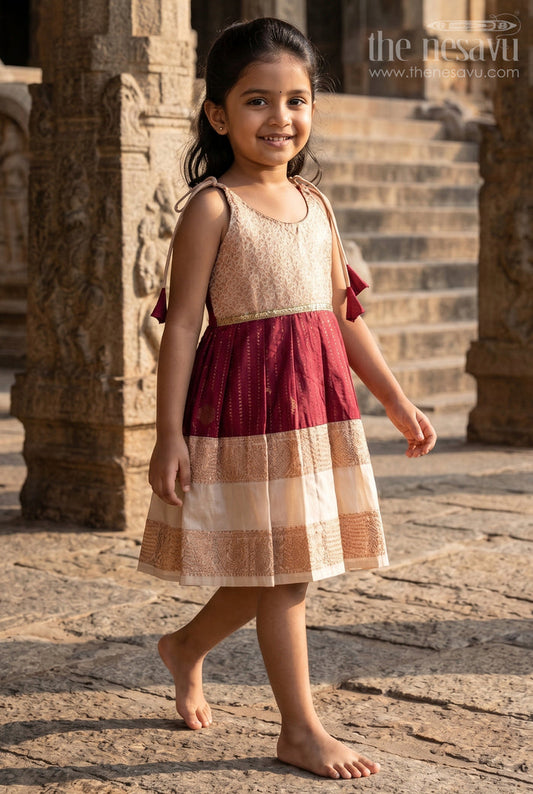 The Nesavu Girls Kanchi Silk Frock Baby Girl Kanchipuram Silk Frock for Festive and Wedding Wear Nesavu Nesavu baby girl kanchipuram silk frock in maroon and gold for weddings and festive celebrations