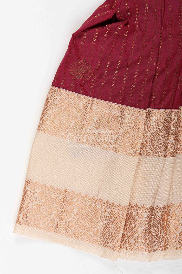The Nesavu Girls Kanchi Silk Frock Baby Girl Kanchipuram Silk Frock for Festive and Wedding Wear Nesavu Nesavu baby girl kanchipuram silk frock in maroon and gold for weddings and festive celebrations