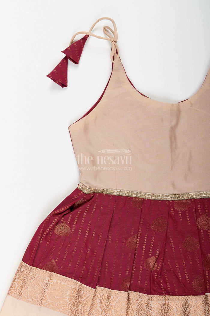 The Nesavu Girls Kanchi Silk Frock Baby Girl Kanchipuram Silk Frock for Festive and Wedding Wear Nesavu Nesavu baby girl kanchipuram silk frock in maroon and gold for weddings and festive celebrations
