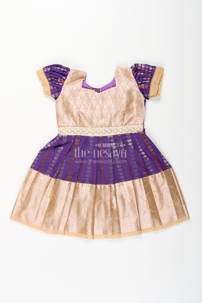 The Nesavu Girls Kanchi Silk Frock Baby girl kanchipuram silk frock for weddings and festive functions Nesavu 14 (6M) / Purple / Style 1 SF843EA-14 Nesavu baby girl kanchipuram silk frock in purple and gold for weddings and festive occasions