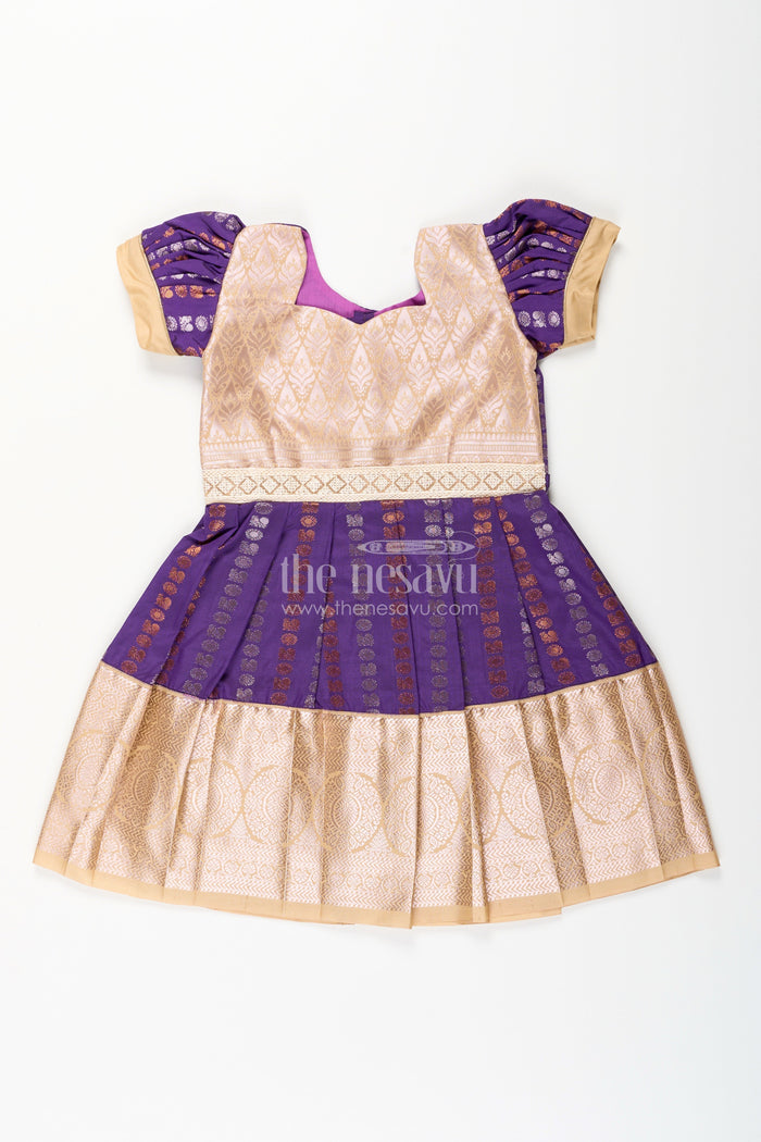 The Nesavu Girls Kanchi Silk Frock Baby girl kanchipuram silk frock for weddings and festive functions Nesavu 14 (6M) / Purple / Style 2 SF843EB-14 Nesavu baby girl kanchipuram silk frock in purple and gold for weddings and festive occasions
