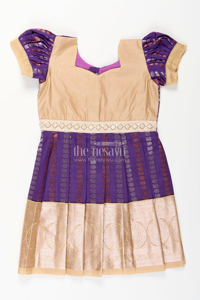 The Nesavu Girls Kanchi Silk Frock Baby girl kanchipuram silk frock for weddings and festive functions Nesavu 14 (6M) / Purple / Style 3 SF843EC-14 Nesavu baby girl kanchipuram silk frock in purple and gold for weddings and festive occasions