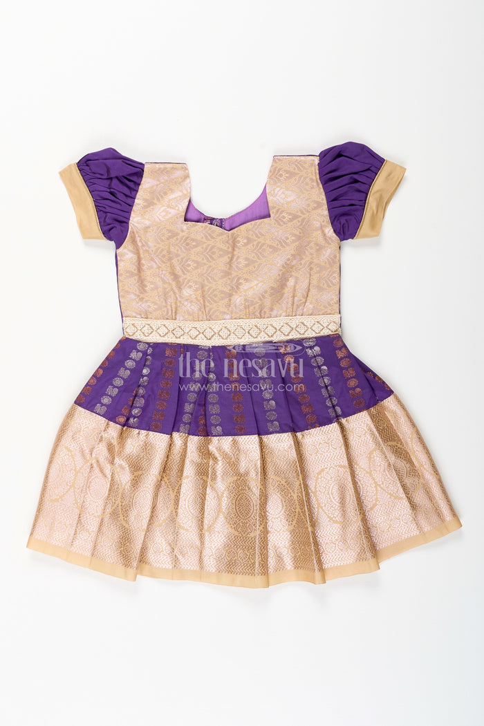 The Nesavu Girls Kanchi Silk Frock Baby girl kanchipuram silk frock for weddings and festive functions Nesavu 14 (6M) / Purple / Style 4 SF843ED-14 Nesavu baby girl kanchipuram silk frock in purple and gold for weddings and festive occasions