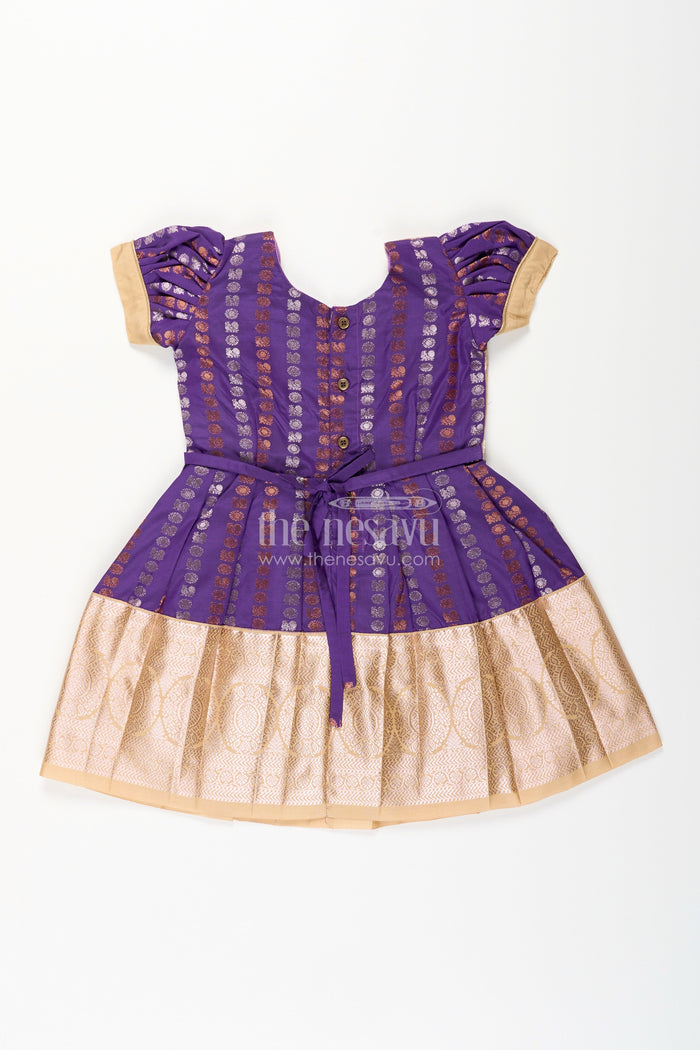 The Nesavu Girls Kanchi Silk Frock Baby girl kanchipuram silk frock for weddings and festive functions Nesavu Nesavu baby girl kanchipuram silk frock in purple and gold for weddings and festive occasions
