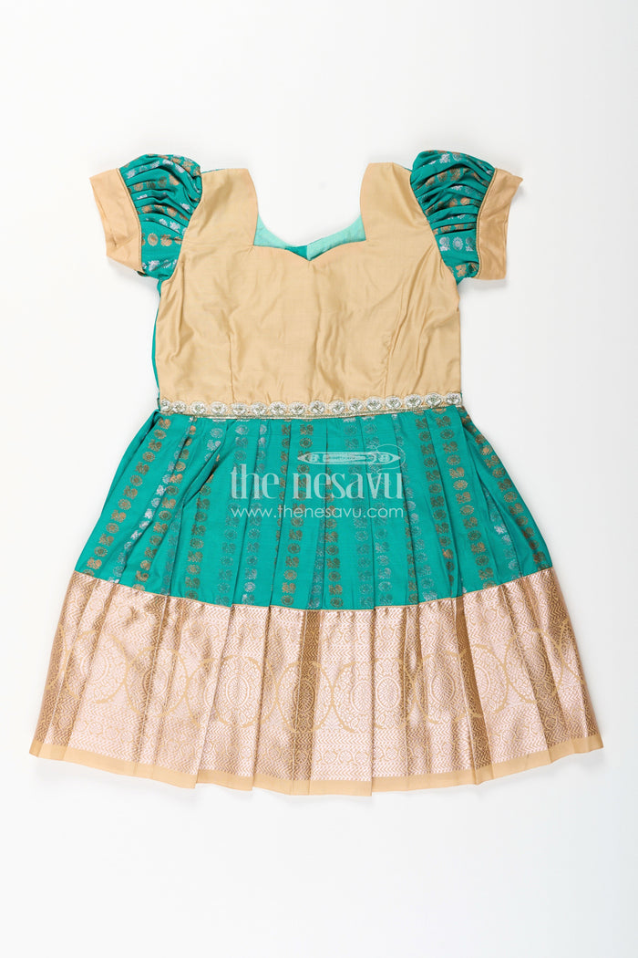 The Nesavu Girls Kanchi Silk Frock Baby girl kanchipuram silk frock for weddings and festive gatherings Nesavu 14 (6M) / Green / Style 3 SF843FC-14 Nesavu baby girl kanchipuram silk frock in green and gold with lace detail for festive wear