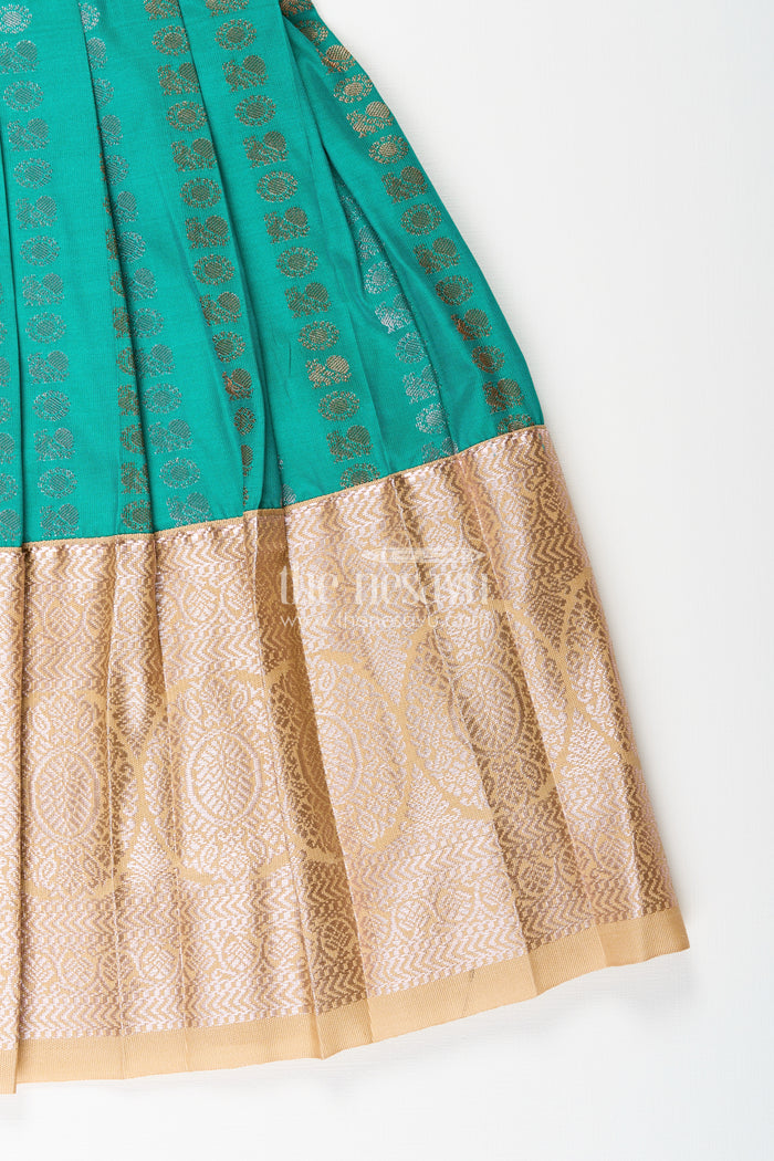 The Nesavu Girls Kanchi Silk Frock Baby Girl Kanchipuram Silk Frock for Weddings and Festive Gatherings Nesavu Nesavu baby girl kanchipuram silk frock in green and gold with lace detail for festive wear