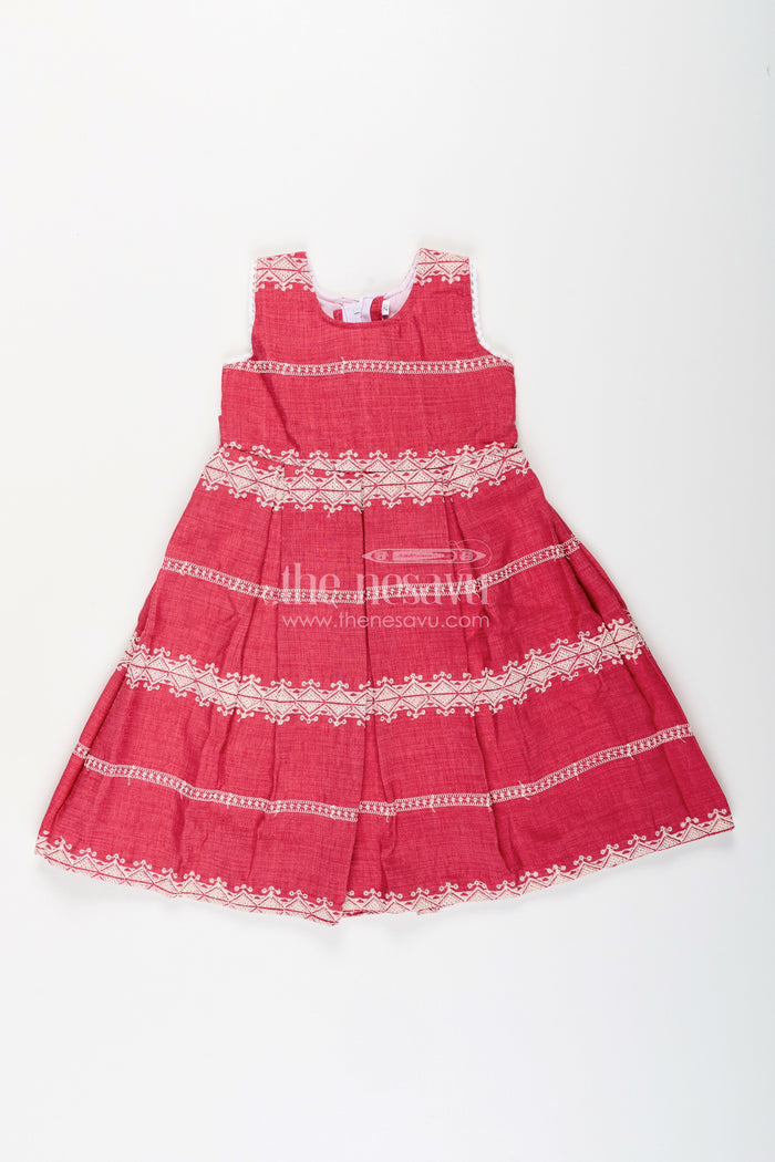 The Nesavu Girls Fancy Frock Baby Girl Maroon Cotton Blend Frock with White Thread Embroidery for Festive Events Nesavu 20 (3Y) / Pink GFC1932B-20 Nesavu baby girl maroon cotton blend frock white embroidery weddings festive wear