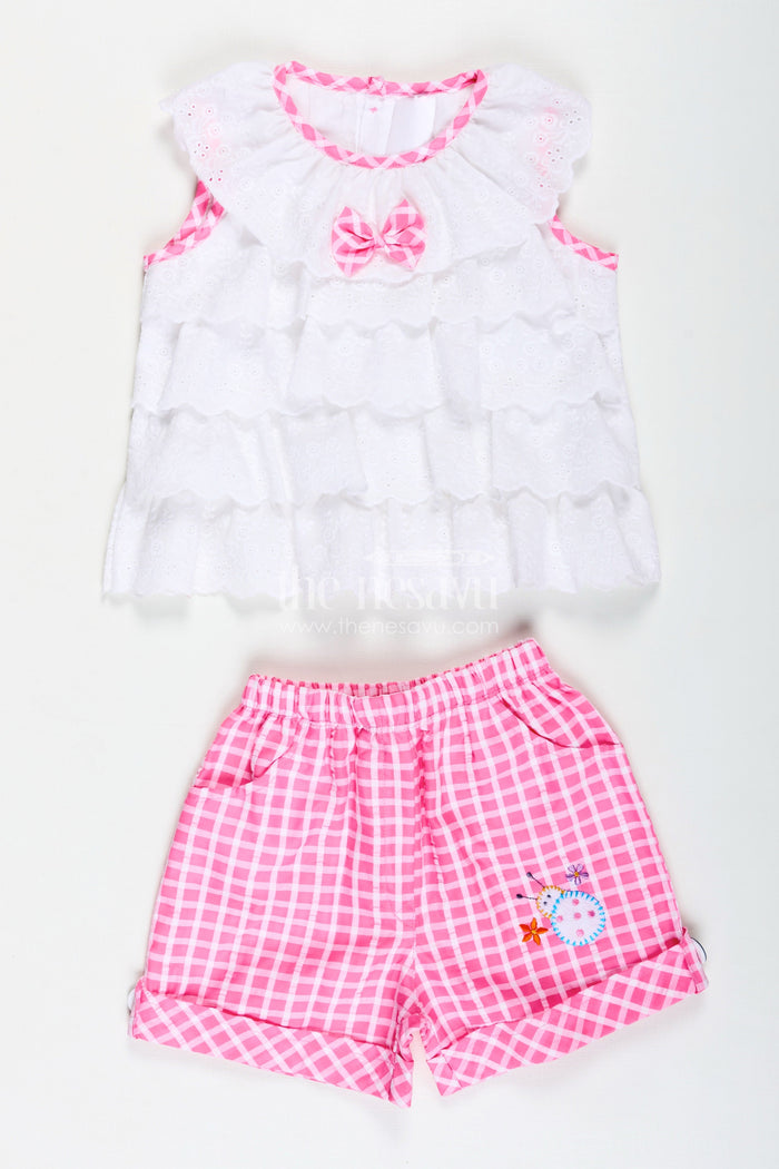 The Nesavu Baby Casual Sets Baby Girl Outfit Checked Shorts with Embroidered Yoke Nesavu 14 (6M) / Pink BFJ817A-14 Nesavu Soft Cotton Baby Girl Casual Set Embroidered Yoke Gingham Pink Shorts Playtime