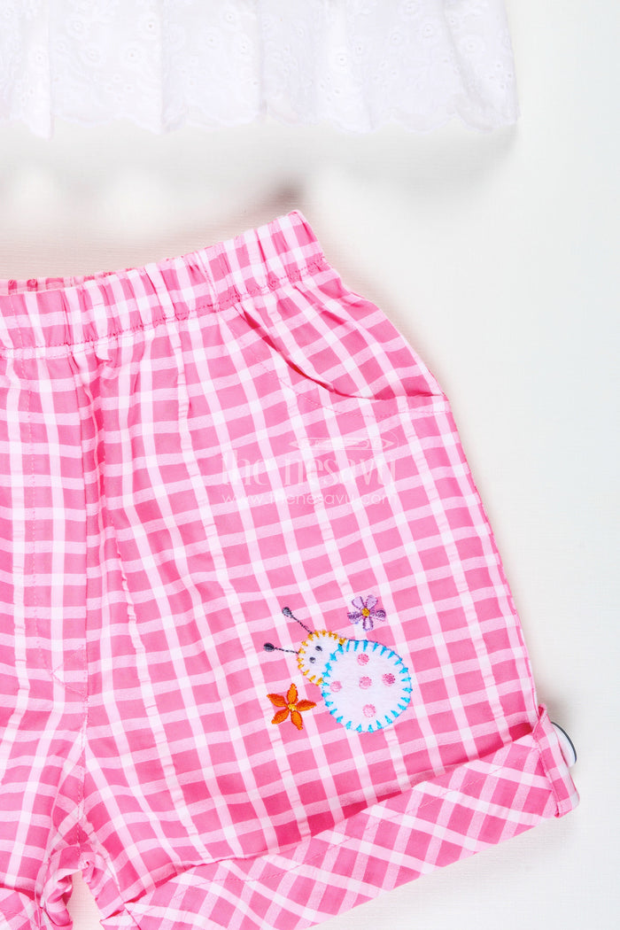 The Nesavu Baby Casual Sets Baby Girl Outfit Checked Shorts with Embroidered Yoke Nesavu Nesavu Soft Cotton Baby Girl Casual Set Embroidered Yoke Gingham Pink Shorts Playtime
