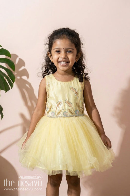 The Nesavu Girls Fancy Party Frock Baby Girl Party Frock with Beaded Yoke and Fluffy Net Skirt Nesavu 16 (1Y) / Yellow SF1060A-16 Nesavu baby girl yellow party frock with bead-embellished satin bodice and net skirt