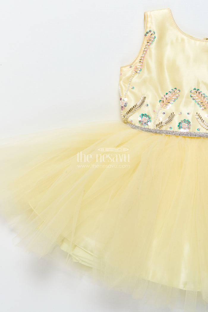 The Nesavu Girls Fancy Party Frock Baby Girl Party Frock with Beaded Yoke and Fluffy Net Skirt Nesavu Nesavu baby girl yellow party frock with bead-embellished satin bodice and net skirt