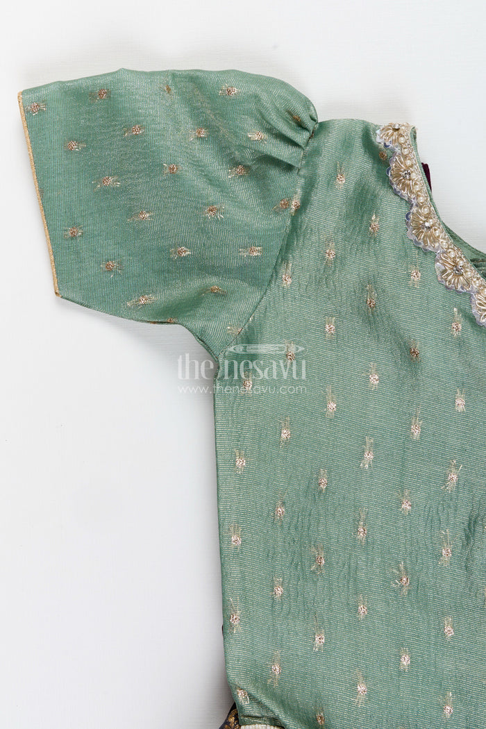 The Nesavu Pattu Pavadai Baby girl pattu pavadai for naming ceremony and traditional wear Nesavu Nesavu baby girl pattu pavadai Banaras silk skirt tissue yoke naming ceremonies