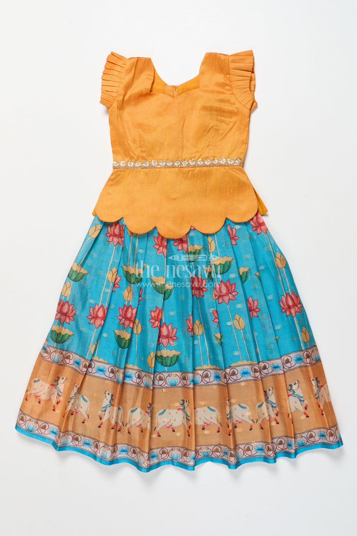 The Nesavu Pattu Pavadai Baby Girl Pattu Pavadai with Animal Border Print for Traditional Functions Nesavu 18 (2Y) / Yellow GPP332A-18 Nesavu baby girl pattu pavadai lotus cow border print festive functions