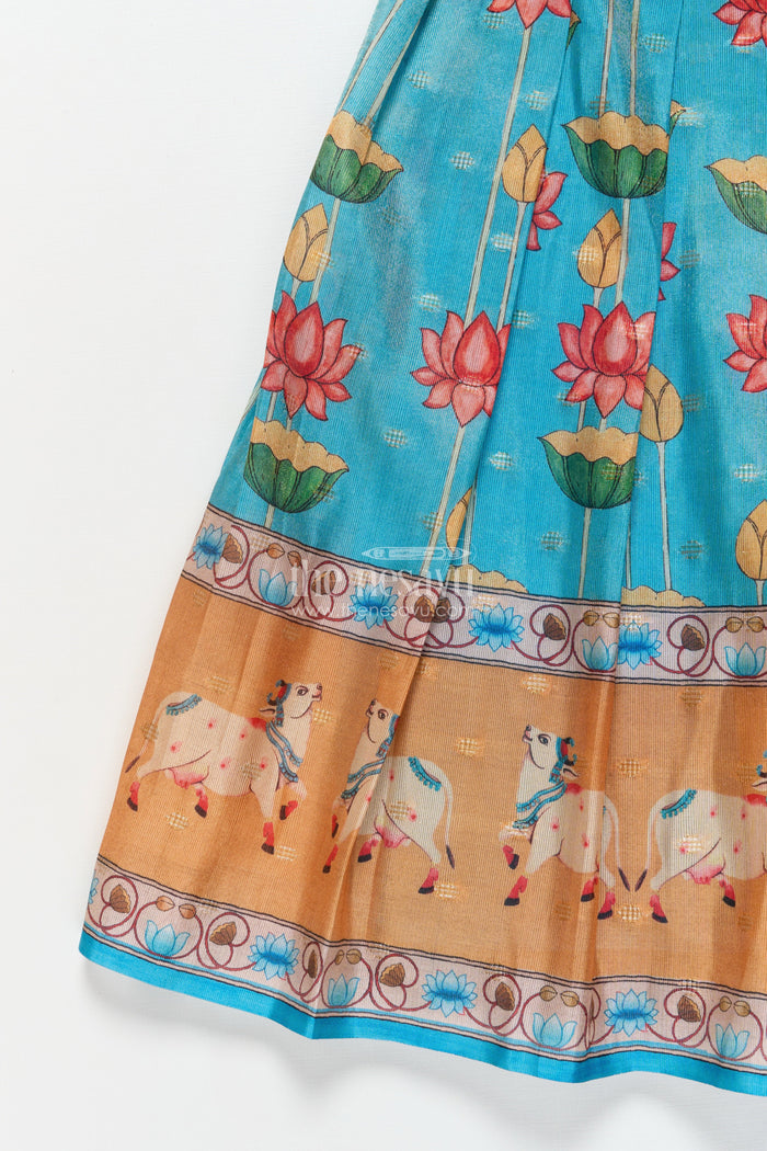 The Nesavu Pattu Pavadai Baby Girl Pattu Pavadai with Animal Border Print for Traditional Functions Nesavu Nesavu baby girl pattu pavadai lotus cow border print festive functions