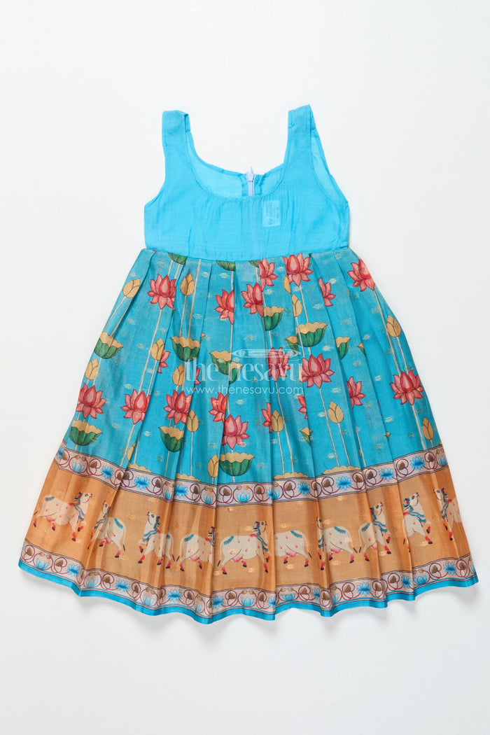 The Nesavu Pattu Pavadai Baby Girl Pattu Pavadai with Animal Border Print for Traditional Functions Nesavu Nesavu baby girl pattu pavadai lotus cow border print festive functions