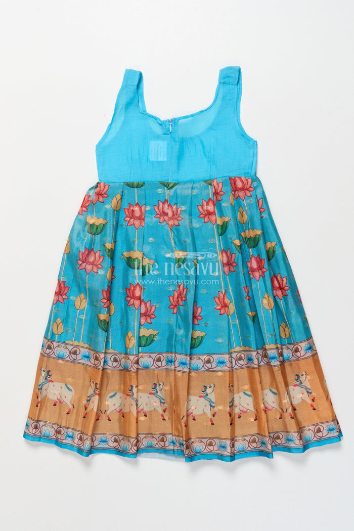 The Nesavu Pattu Pavadai Baby Girl Pattu Pavadai with Animal Border Print for Traditional Functions Nesavu Nesavu baby girl pattu pavadai lotus cow border print festive functions
