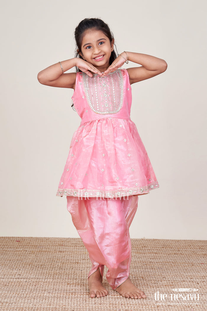 The Nesavu Girls Sharara / Plazo Set Baby Girl Peach Organza Sharara Set with Designer Embroidery for Festive Occasions Nesavu Nesavu baby girl peach organza sharara set mirror embroidery weddings