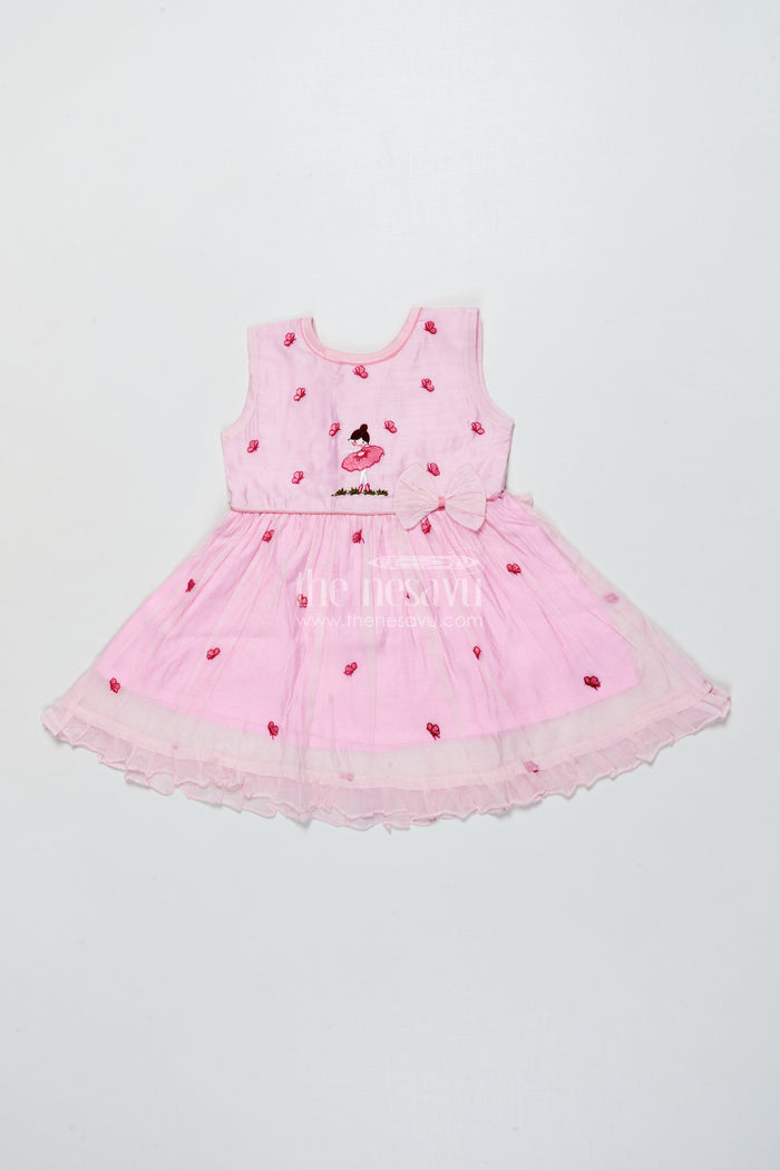 The Nesavu Girls Chanderi Frock Baby Girl Pink Frock In Chanderi Cotton for Birthdays and Photoshoots Nesavu 16 (1Y) / Pink GFC2005A-16 Nesavu baby girl pink frock Chanderi cotton bow  perfect birthdays photoshoots