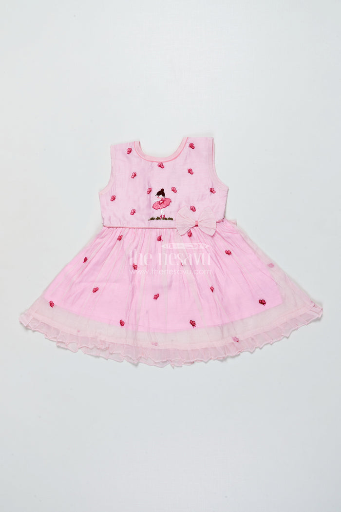 The Nesavu Girls Chanderi Frock Baby Girl Pink Frock In Chanderi Cotton for Birthdays and Photoshoots Nesavu Nesavu baby girl pink frock Chanderi cotton bow  perfect birthdays photoshoots