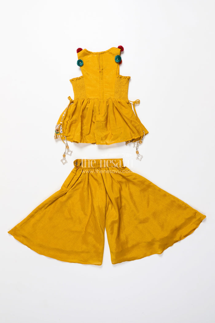 The Nesavu Girls Sharara / Plazo Set Baby Girl Plazo Set for Festive Parties and Cultural Functions Nesavu Nesavu baby girl plazo set mirror embroidered yoke flared pants festive celebrations