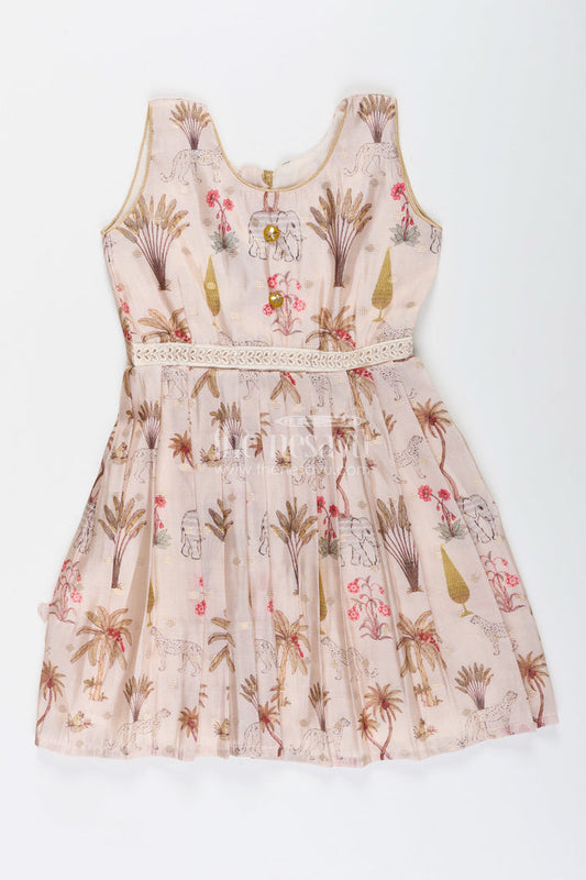 The Nesavu Silk Frock Baby girl semi silk frock with animal print for festive occasions Nesavu 18 (2Y) / Cream SF1067A-18 Nesavu baby girl semi silk frock jungle print cream  perfect weddings poojas