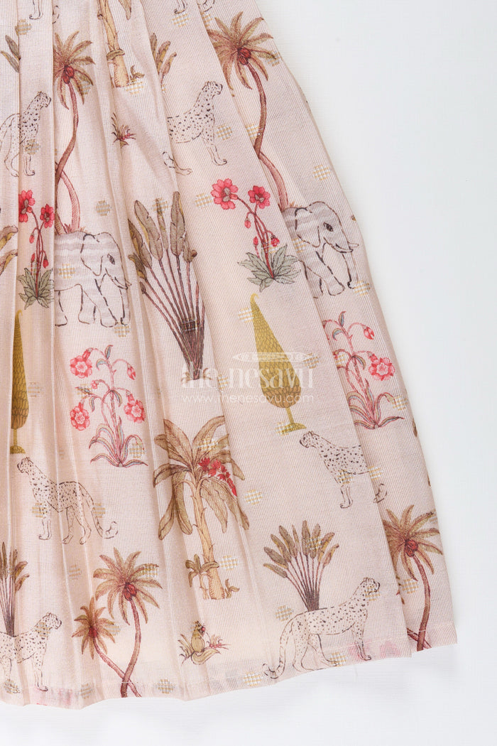 The Nesavu Silk Frock Baby girl semi silk frock with animal print for festive occasions Nesavu Nesavu baby girl semi silk frock jungle print cream  perfect weddings poojas