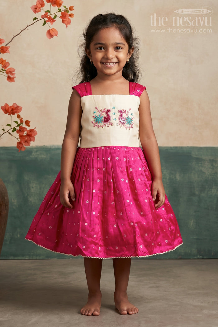 The Nesavu Silk Frock Baby Girl Silk Frock for Birthdays and Special Occasions Nesavu 16 (1Y) / Pink SF1053B-16 Nesavu baby girl silk frock embroidered yoke birthdays special family occasions