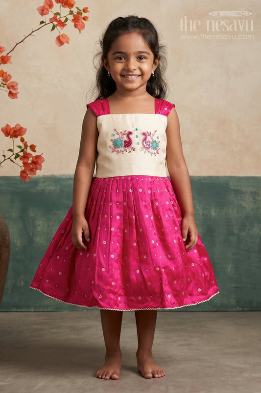 The Nesavu Silk Frock Baby Girl Silk Frock for Birthdays and Special Occasions Nesavu 16 (1Y) / Pink SF1053B-16 Nesavu baby girl silk frock embroidered yoke birthdays special family occasions