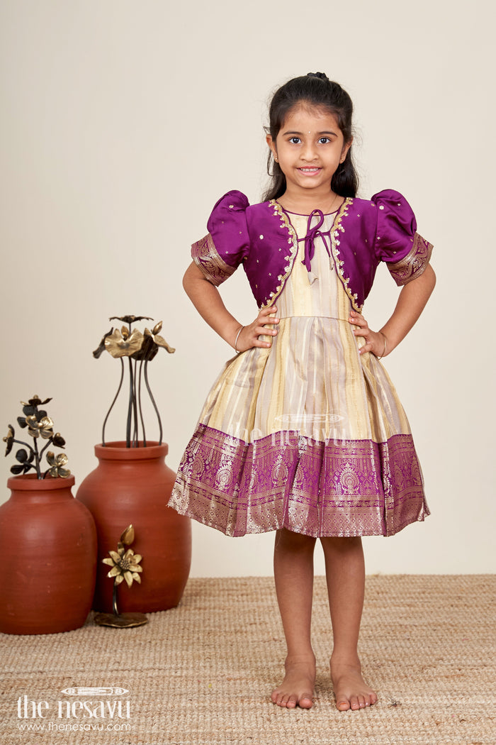 The Nesavu Silk Frock Baby girl silk frock for naming ceremony and festive functions Nesavu 16 (1Y) / Purple SF1051A-16 Nesavu baby girl silk frock in purple and gold for naming ceremonies and traditional functions