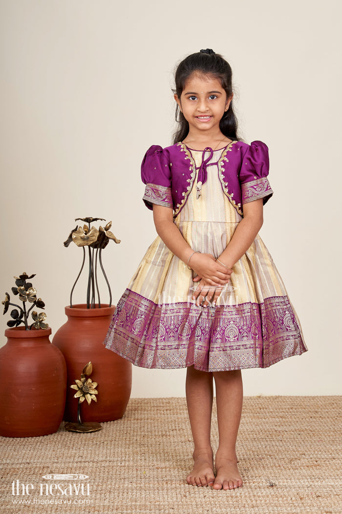 The Nesavu Silk Frock Baby girl silk frock for naming ceremony and festive functions Nesavu Nesavu baby girl silk frock in purple and gold for naming ceremonies and traditional functions