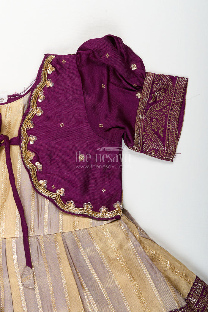 The Nesavu Silk Frock Baby girl silk frock for naming ceremony and festive functions Nesavu Nesavu baby girl silk frock in purple and gold for naming ceremonies and traditional functions