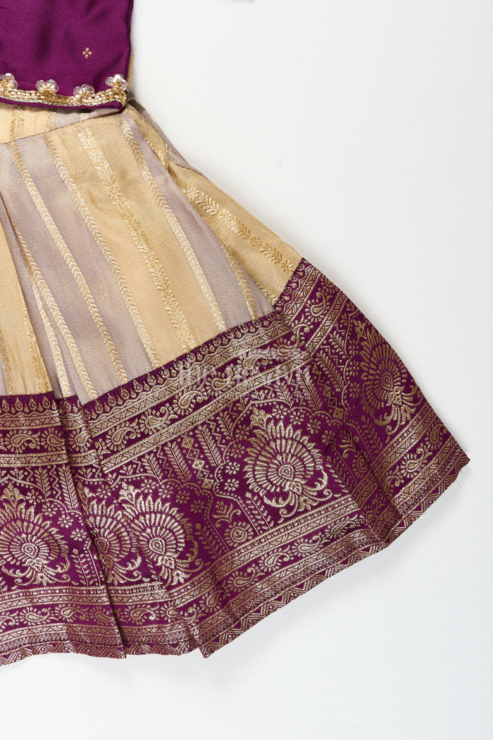 The Nesavu Silk Frock Baby girl silk frock for naming ceremony and festive functions Nesavu Nesavu baby girl silk frock in purple and gold for naming ceremonies and traditional functions