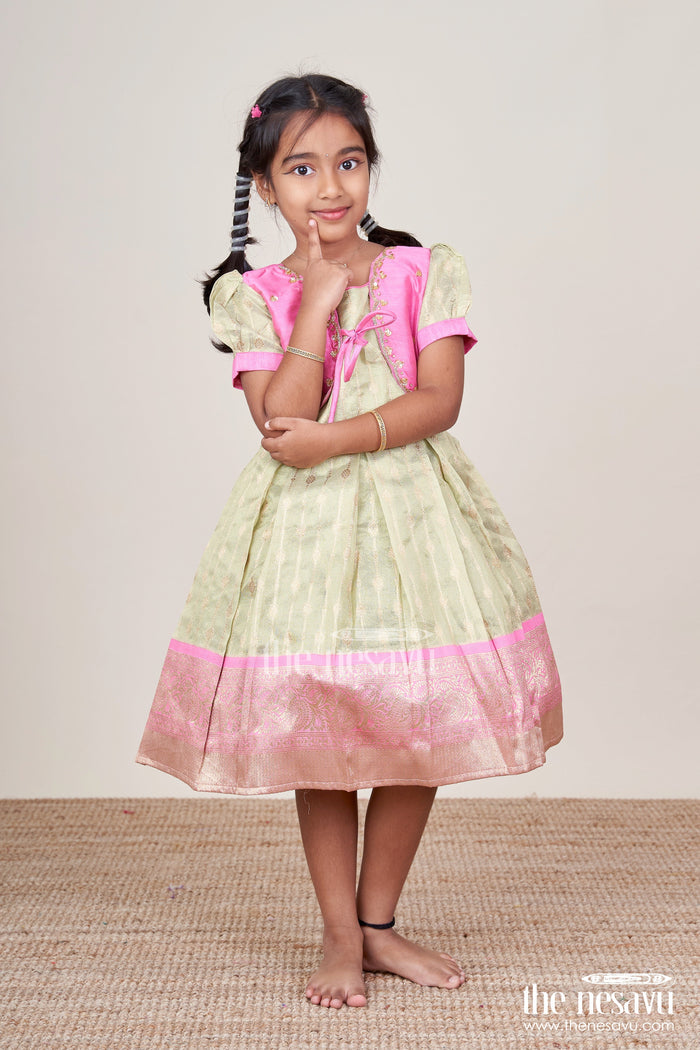 The Nesavu Silk Party Frock Baby Girl Silk Frock for Traditional Functions and Family Occasions Nesavu 16 (1Y) / Pink SF1050B-16 Nesavu baby girl silk frock traditional functions zari pleats ethnic bodice