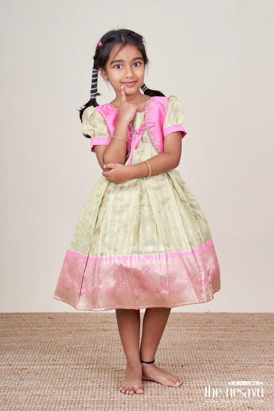 The Nesavu Silk Party Frock Baby Girl Silk Frock for Traditional Functions and Family Occasions Nesavu 16 (1Y) / Pink SF1050B-16 Nesavu baby girl silk frock traditional functions zari pleats ethnic bodice