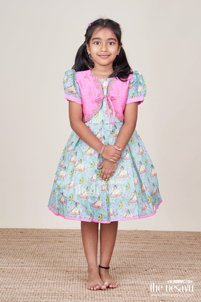 The Nesavu Silk Frock Baby Girl Silk Frock with Jacket for Festive Gatherings Nesavu Nesavu baby girl silk frock embroidered jacket digital print festive gatherings