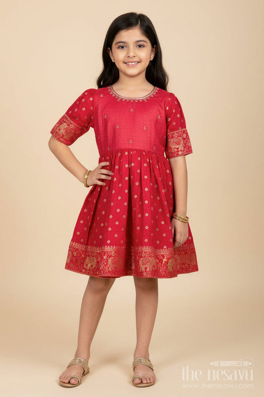 The Nesavu Silk Frock Baby Girl Silk Frock with Zari Elephant Border for Traditional Events Nesavu 16 (1Y) / Red GFC1936A-16 Nesavu baby girl silk frock zari elephant border jacquard weave festive occasions