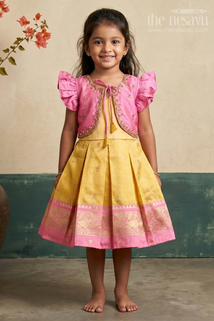 The Nesavu Silk Frock Baby Girl Traditional Silk Frock for Birthday and Ethnic Photoshoots Nesavu 16 (1Y) / Pink SF1054A-16 Nesavu pink and yellow silk frock for baby girls with tissue bottom ideal for birthdays and naming functions